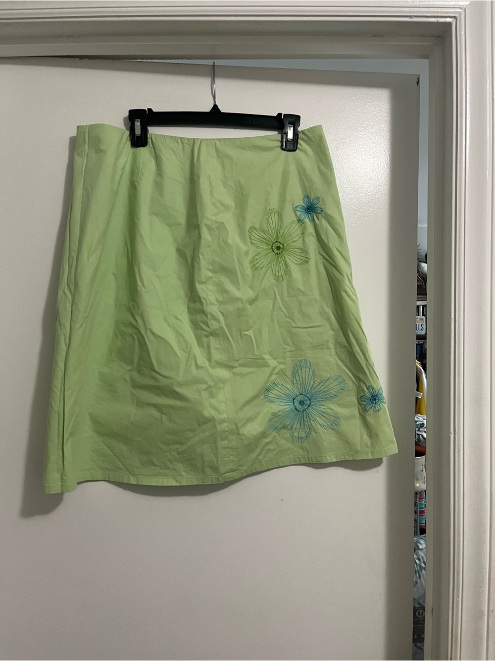 Rafaella Light Green A-Line Skirt with Blue Flower Embroidery